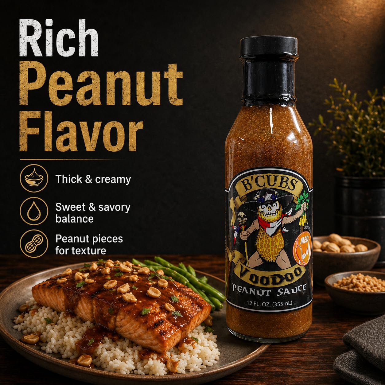 B’Cubs® Voodoo Peanut Sauce HOT, Premium Thai-Inspired Sauce with a Texas Twist, Thick Peanut Sauce for Wings, Meats, Noodles, Meals, Drizzling
