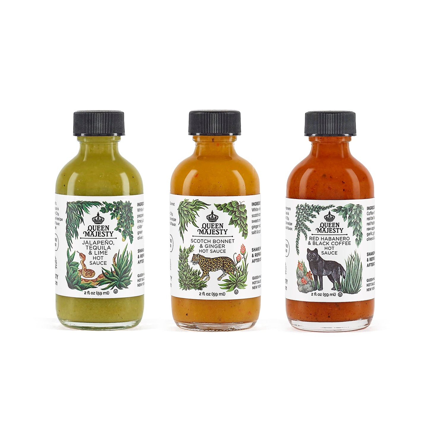 Queen Majesty 2OZ HOT SAUCE SAMPLER, Mini 2 oz - Jalapeño, Scotch Bonnet, Red Habanero/Award Winning Sauces - All Natural, Kosher, Vegan, Gluten Free