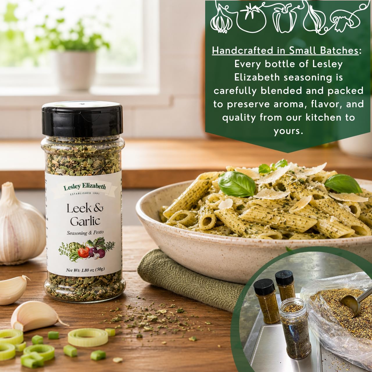 Lesley Elizabeth Leek & Garlic Seasoning & Pesto - All-Natural Herb & Garlic Blend for Chicken, Pasta, Vegetables & Sandwiches | Gourmet All-Purpose