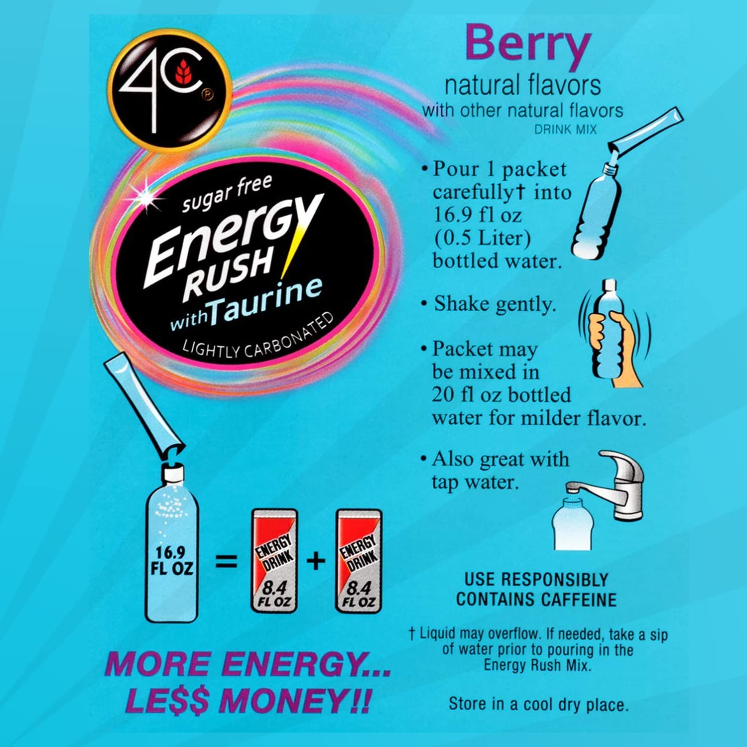 4C Energy Rush Stix, Berry 1 Pack, 18 Count, Single Serve Water Flavoring Packets, Sugar Free with Taurine, On the Go Bundle