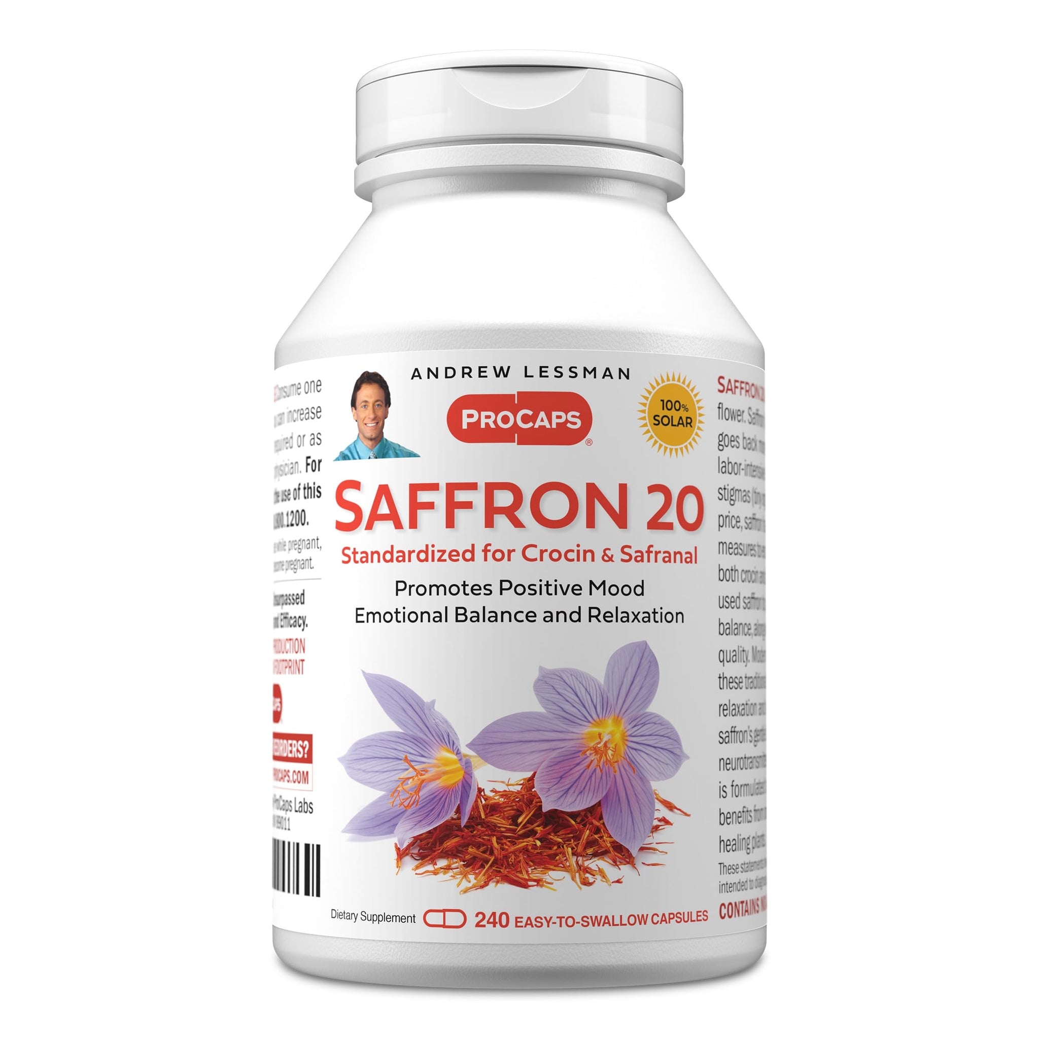 ANDREW LESSMAN Saffron 20mg - 240 Capsules - Standardized Extract. Promotes Positive Mood and Emotional Balance. Relaxation and Quality Sleep. No