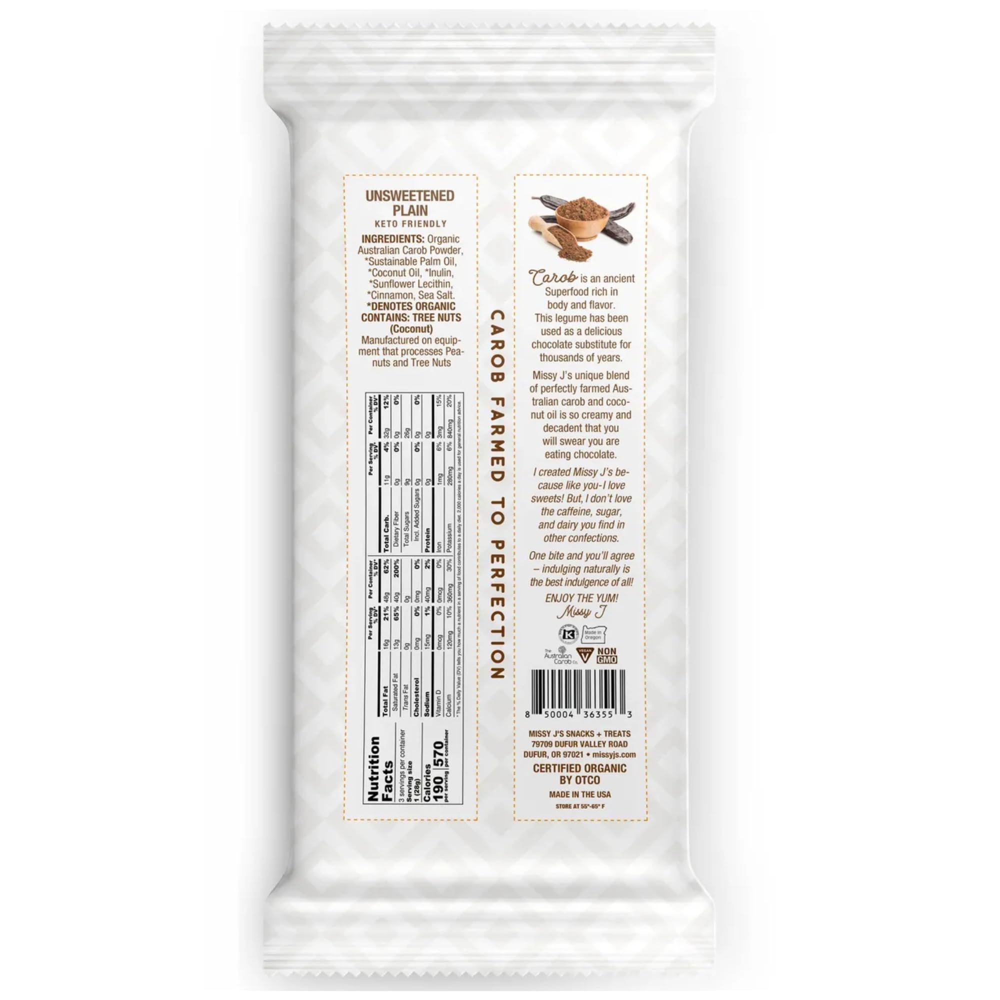 Missy J's Organic Carob Dark Delights Unsweetened Plain Candy Bar 3 Oz 2 Pack | Vegan, Gluten and Caffeine Free, Healthy Substitute for Chocolate