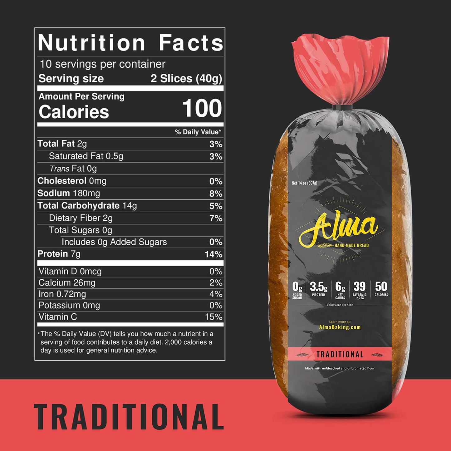 Alma Baking Bread - Low Carb, Low Glycemic, Keto Friendly, Low Calorie, Sugar Free - Sliced Loaf Sandwich Bread (Traditional, 14 Ounces (Pack of 3))