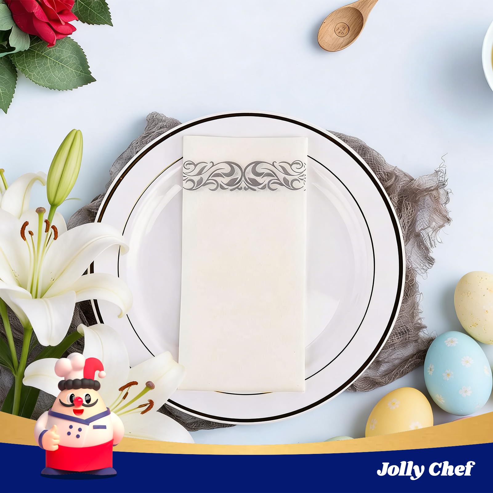 JOLLY CHEF 100 Disposable Hand Towels, Soft and Absorbent Linen Feel Dinner Napkin, Elegant Decorative Paper Guest Towels for Kitchen, Bathroom