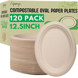 Enjamyo 120 Pack Oval Paper Plates,12.5 Inch Disposable Paper Plates,Super Strong Oval Paper Dinner Plates,Compostable Biodegradable Sugarcane Plates