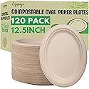 Enjamyo 120 Pack Oval Paper Plates,12.5 Inch Disposable Paper Plates,Super Strong Oval Paper Dinner Plates,Compostable Biodegradable Sugarcane Plates