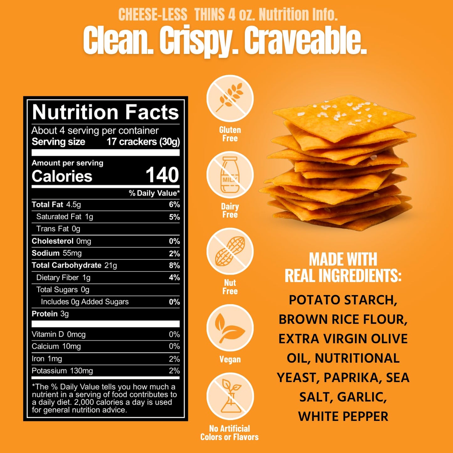 Every Body Eat Snack Cracker Thins, Cheese-Less - Gluten Free, Vegan, Dairy Free, and Seed Oil Free, 4oz