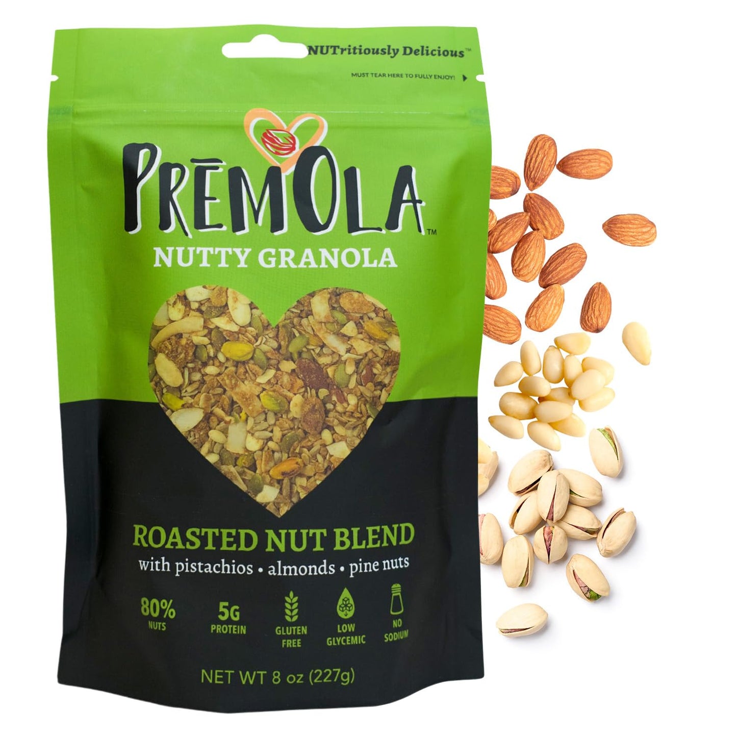 PremOla Nutty Granola, Roasted Nut Blend - Gluten Free, Low Sugar, Vegan Granola with Pistachios, Almonds & Pine Nuts, Packed with Protein & Fiber