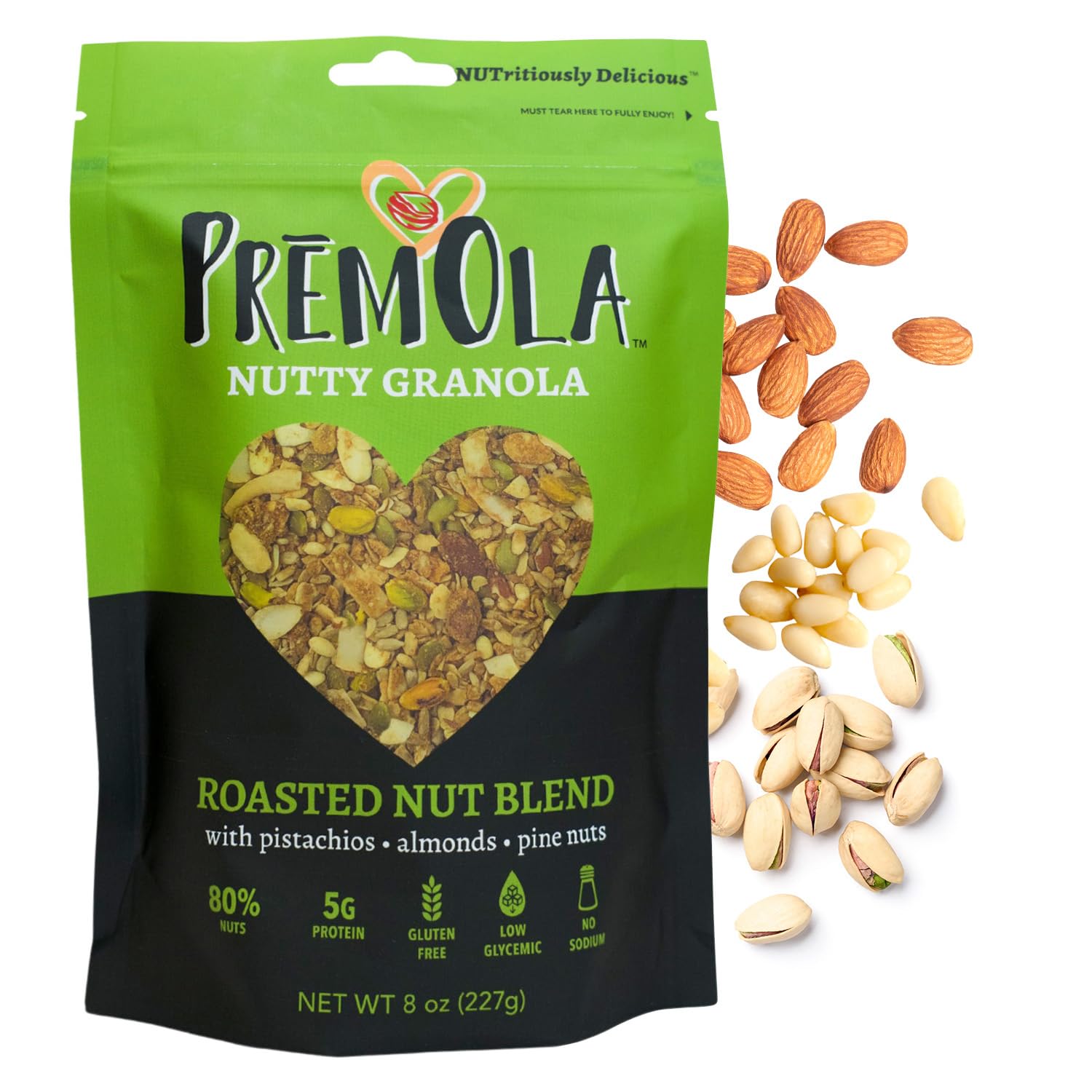 PremOla Nutty Granola, Roasted Nut Blend - Gluten Free, Low Sugar, Vegan Granola with Pistachios, Almonds & Pine Nuts, Packed with Protein & Fiber