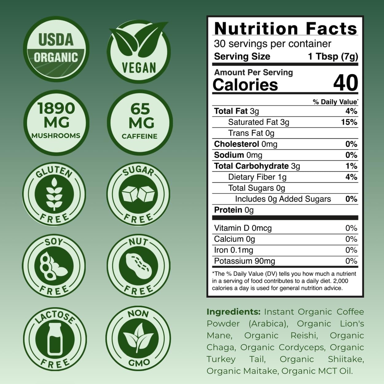 Kinoko USDA Organic Mushroom Coffee 30 Servings with MCT Oil, Instant Creamy Coffee Mix with 7 Adaptogenic Mushrooms for Focus, Energy & Wellness, USA