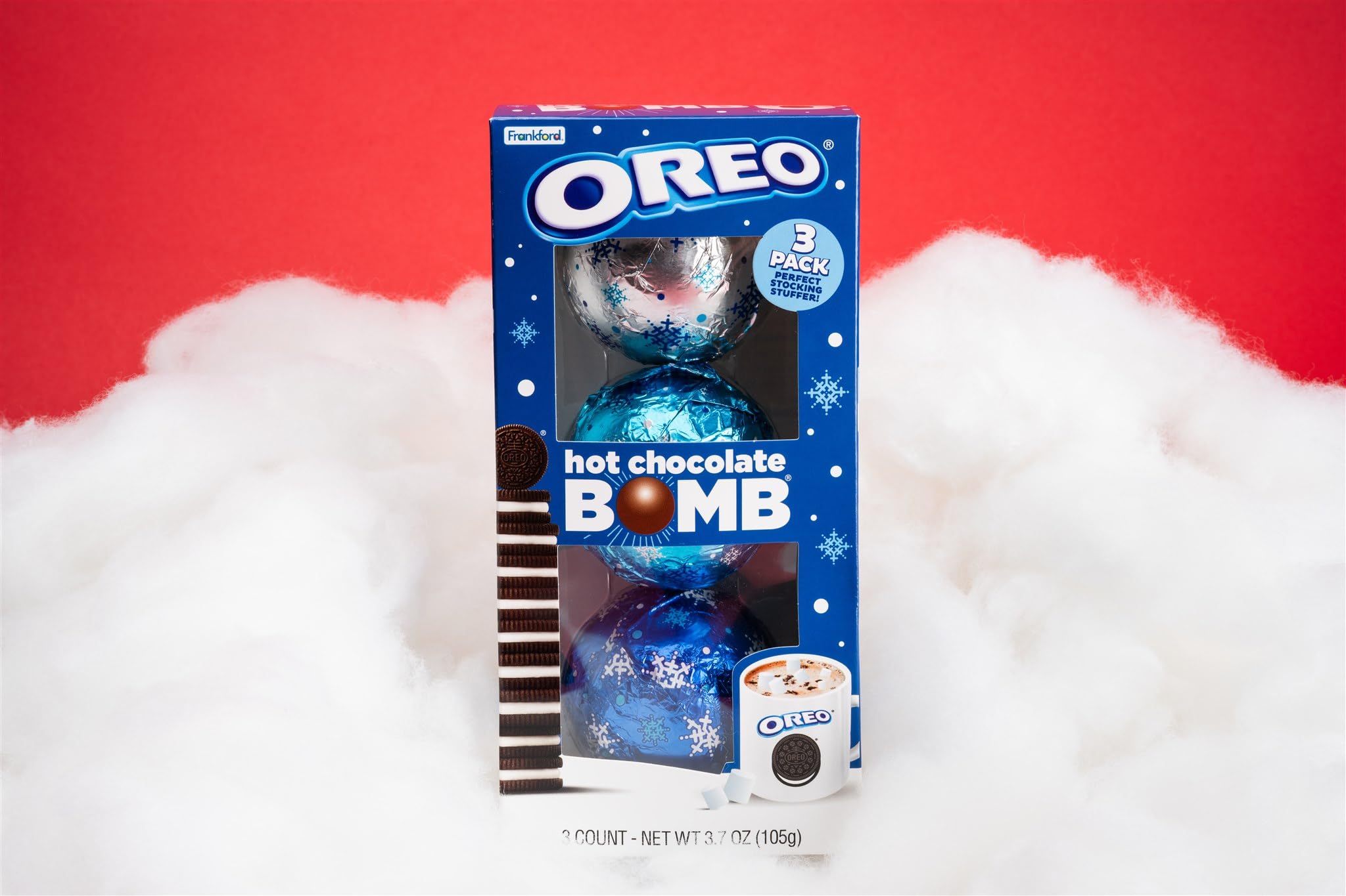 Frankford OREO Holiday Hot Chocolate BOMB Set with Cookie Flavored Melting Cocoa Balls with Marshmallows, 3 Count