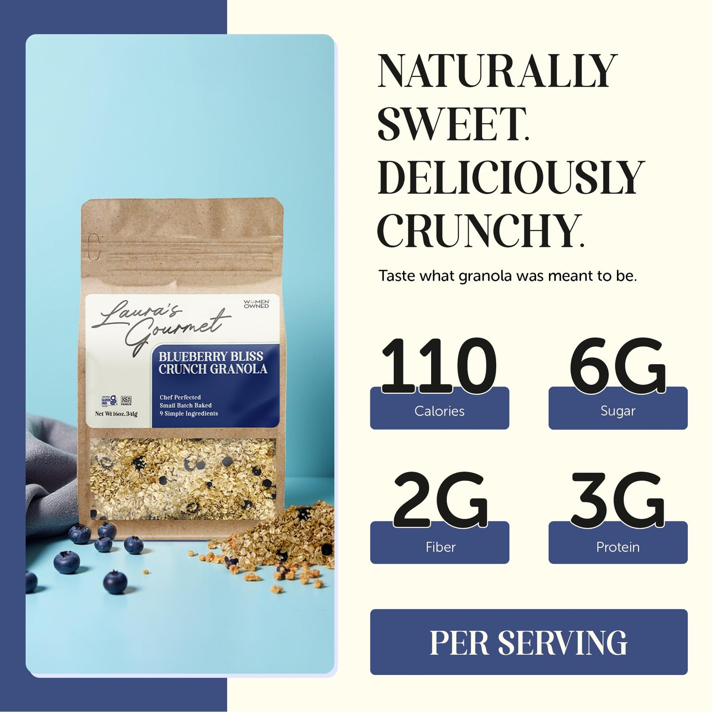 Laura's Gourmet Granola - BlueBerry Bliss Crunch - Gluten, Soy & Dairy Free - Organic Agave, Chewy Blueberries, Citrus & Flax, Vegan, Chef's Trifecta