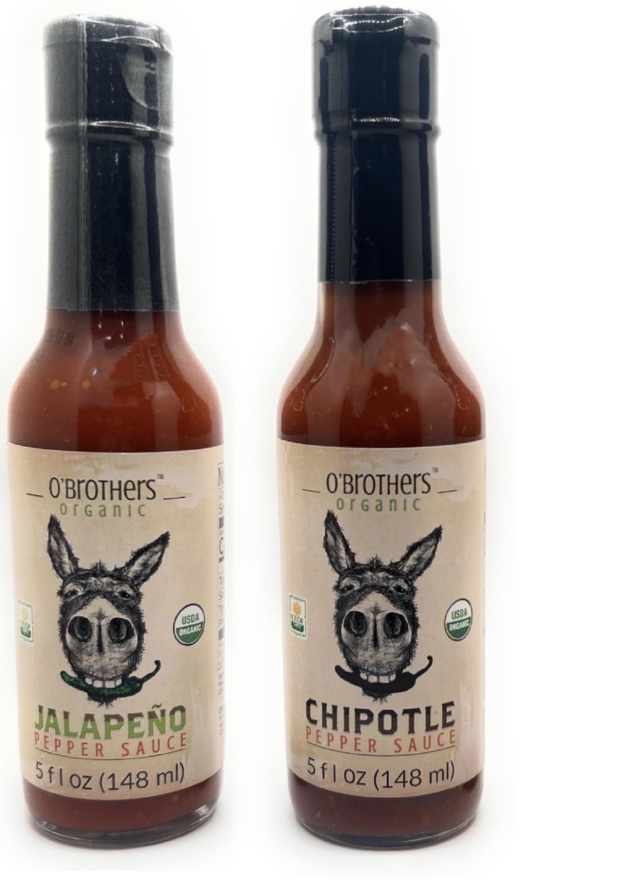 O'Brothers Organic Pepper Sauce 5oz - 2 bottles (Jalapeno & Chipotle)
