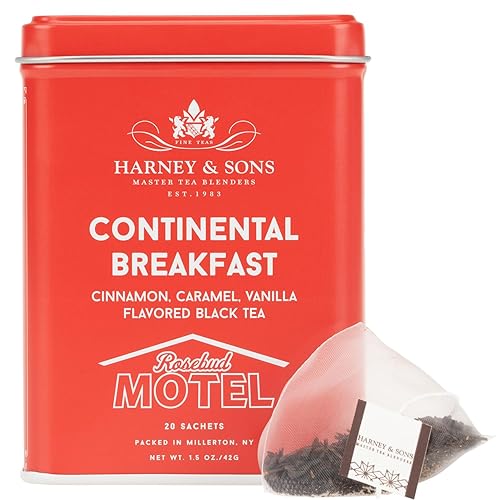 Harney & Sons Continental Breakfast, 20 sachets | Schitt's Creek Rosebud Motel Black Tea with Cinnamon, Caramel and Vanilla Flavors