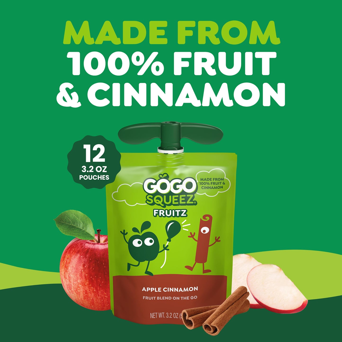GoGo squeeZ No Sugar Added Applesauce and Fruit Puree, Apple Cinnamon, 3.2 oz Pouches (Pack of 12), Fruit Snacks for Kids, Gluten Free, Nut Free