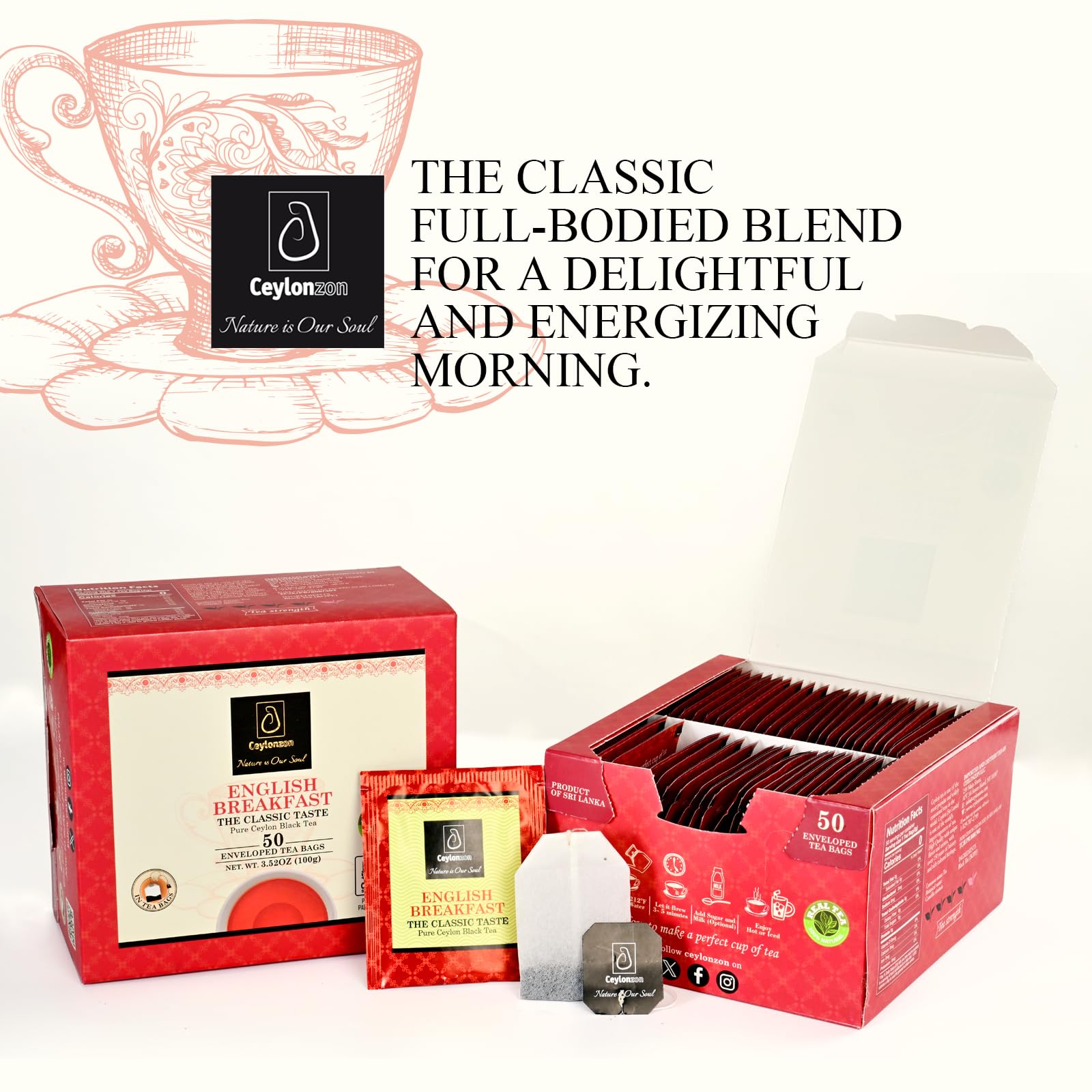 English Breakfast Tea Classic Taste 50 Individually Foil-Wrapped Tea Bags, Perfect Strong, Robust & Flavory Natural Black Tea Ideal for Cozy Mornings