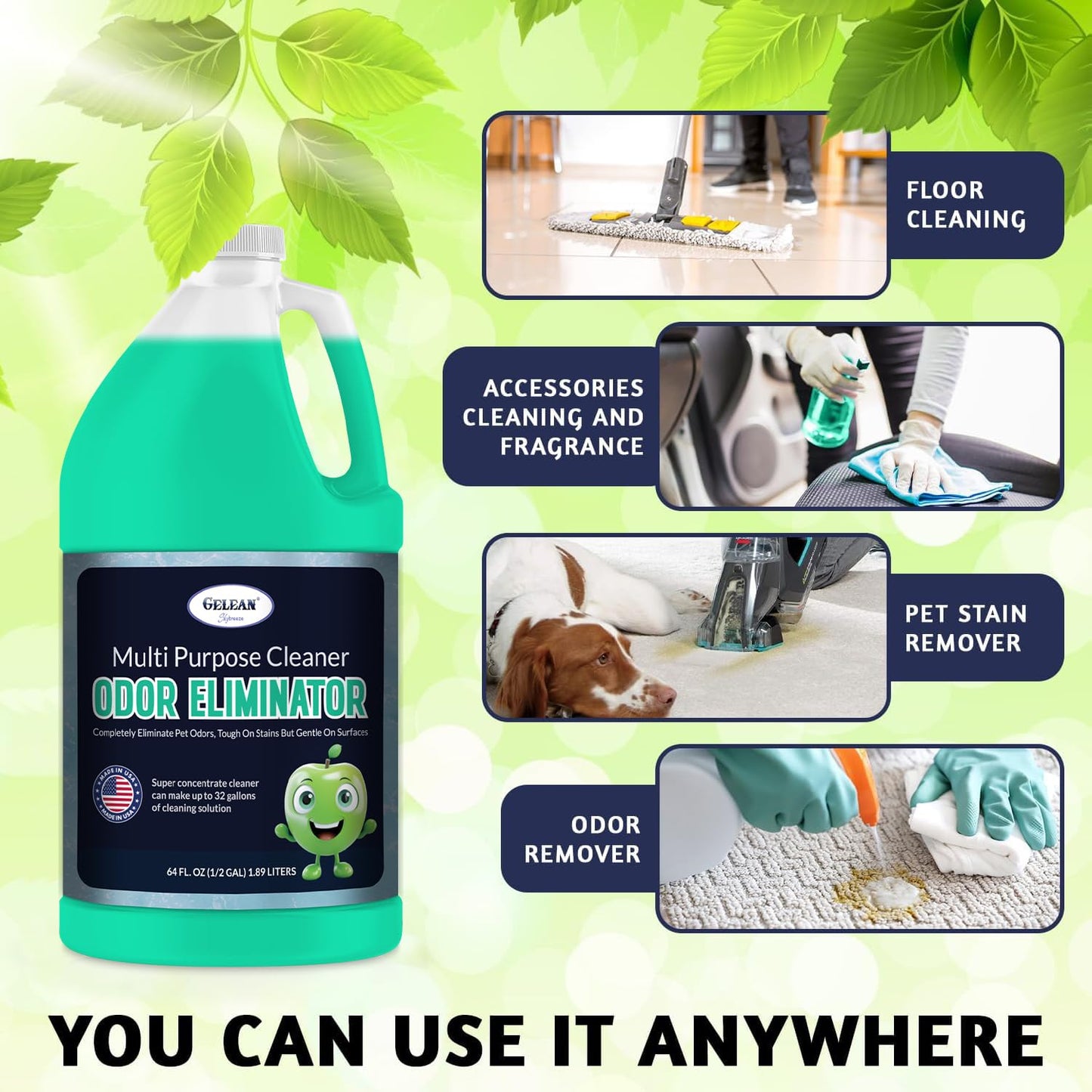 Multi Purpose Cleaner Pet Odor eliminator 64oz - Concentrate MAKES 32 GALLON - MADE IN USA- pH Neutral - Strong Floor Cleaner Odor eliminator - Stain
