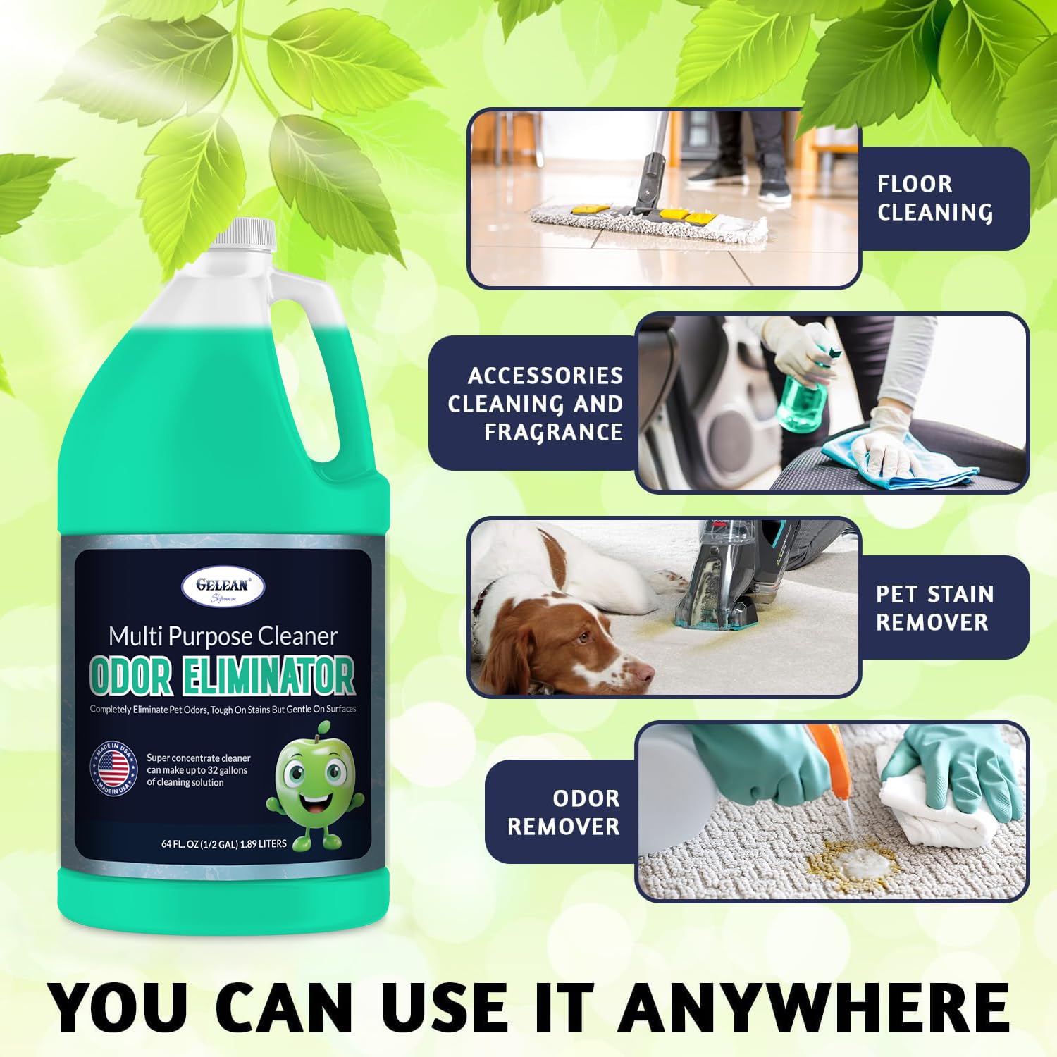 Multi Purpose Cleaner Pet Odor eliminator 64oz - Concentrate MAKES 32 GALLON - MADE IN USA- pH Neutral - Strong Floor Cleaner Odor eliminator - Stain