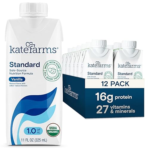 KATE FARMS Organic 1.0 Vanilla Nutrition Shake, 16g protein, 27 Vitamins and Minerals, Meal Replacement Shake 11 oz (12 Pack)