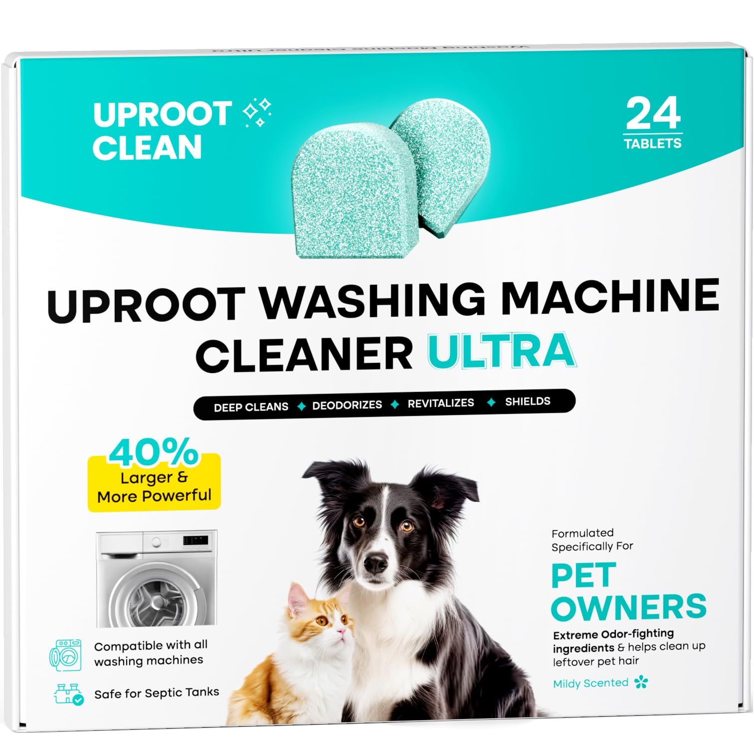 Uproot Clean Washing Machine Cleaner Tablets Ultra - 40% Stronger Formula: Designed for Pet Owners, Remove Residue, Grime & Odors, Compatible with HE