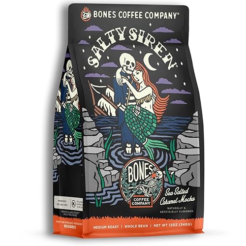 Bones Coffee Company Decaf Salty Siren, Sea Salted Caramel Chocolate Decaffeinated Flavored Coffee, Medium Roast Low Acid Arabica Beans For Auto drip