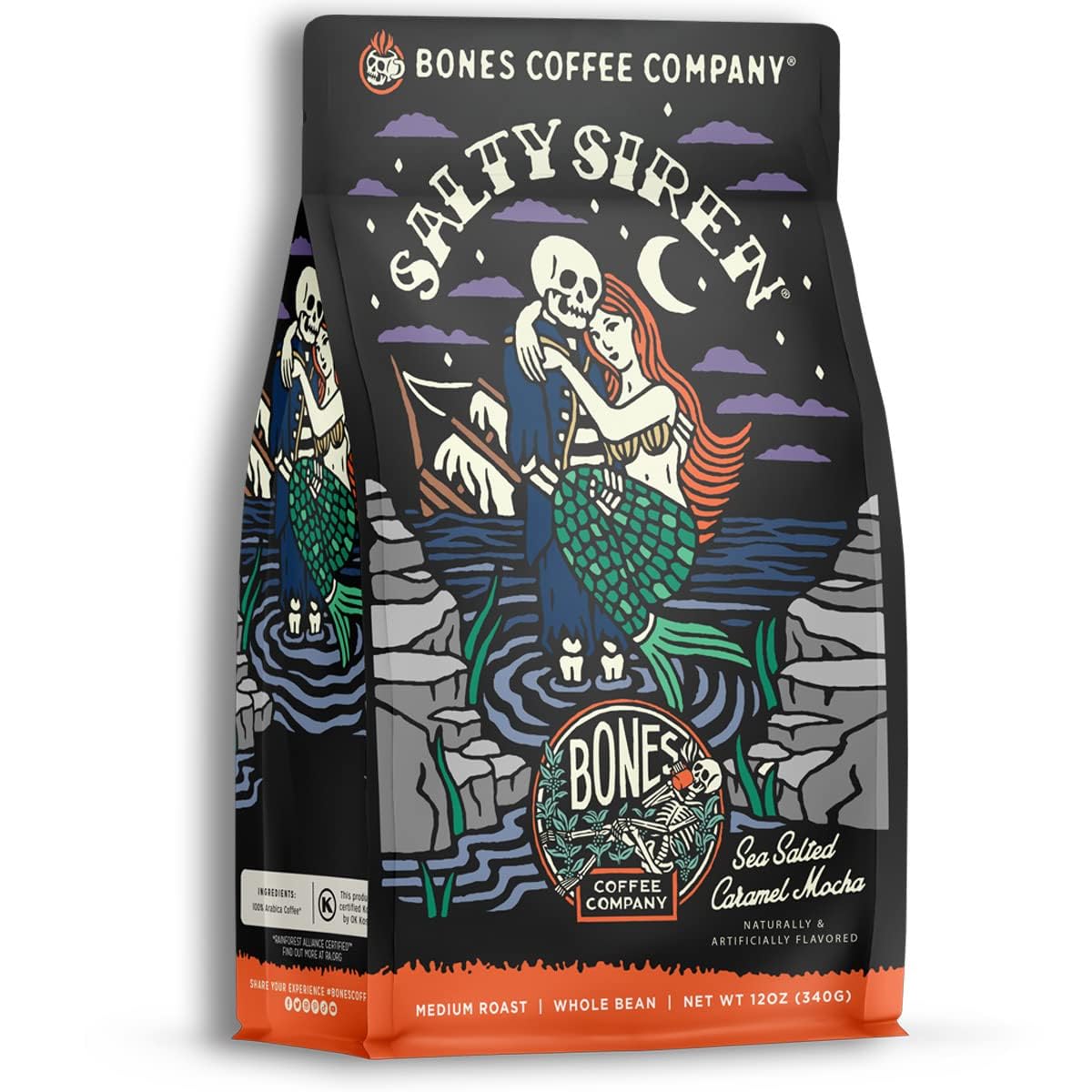 Bones Coffee Company Decaf Salty Siren, Sea Salted Caramel Chocolate Decaffeinated Flavored Coffee, Medium Roast Low Acid Arabica Beans For Auto drip