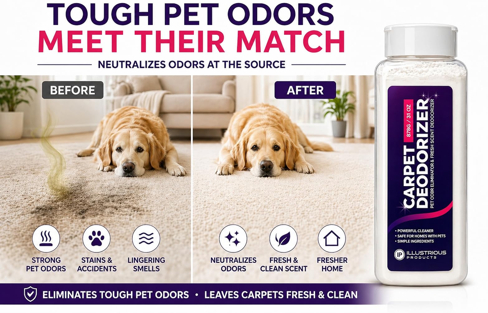 Carpet Deodorizer for Pets - Pet Odor Eliminator Powder for Strong Dog & Cat Urine Odors - Baking Soda Carpet Freshener for Carpets & Rugs - Lemon