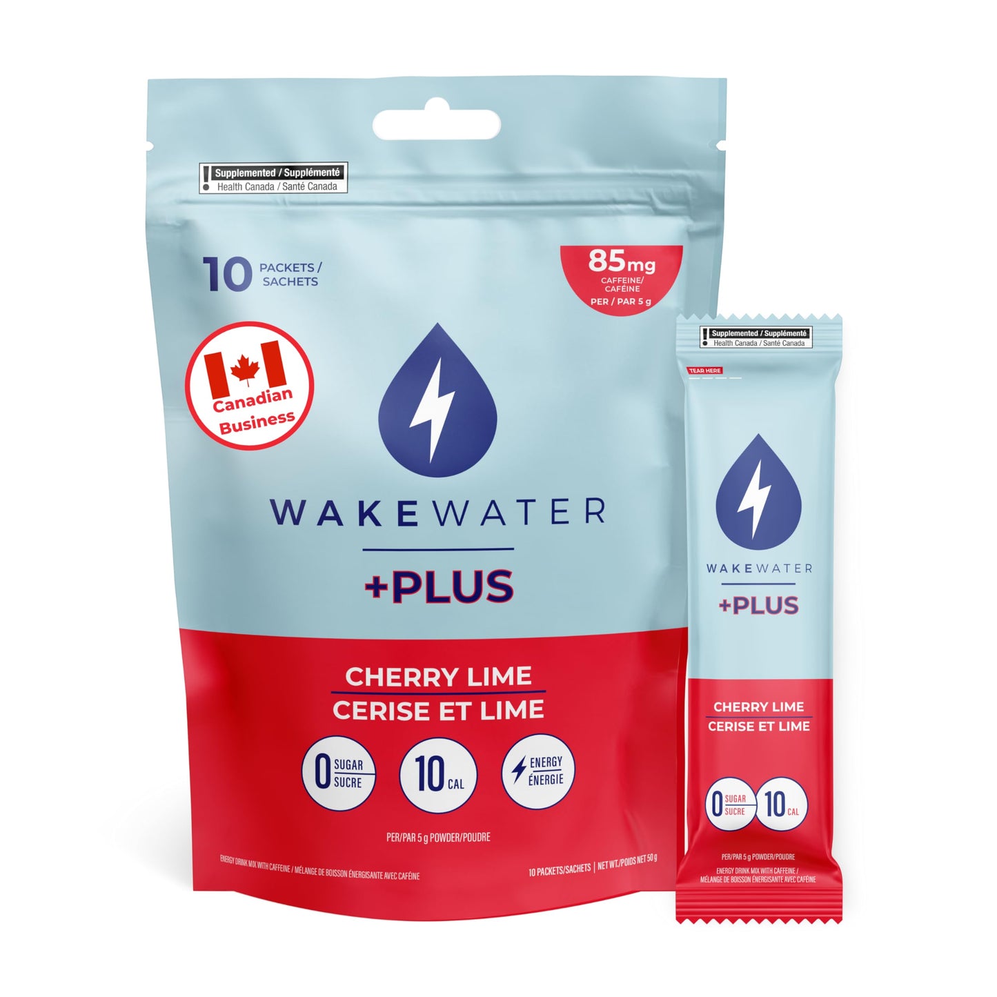 WakeWater Plus Energy Powder | Cherry Lime, 10 x 5g sticks | Vitamins and Electrolytes | Natural Green Tea Caffeine | No Sugar or Artificial