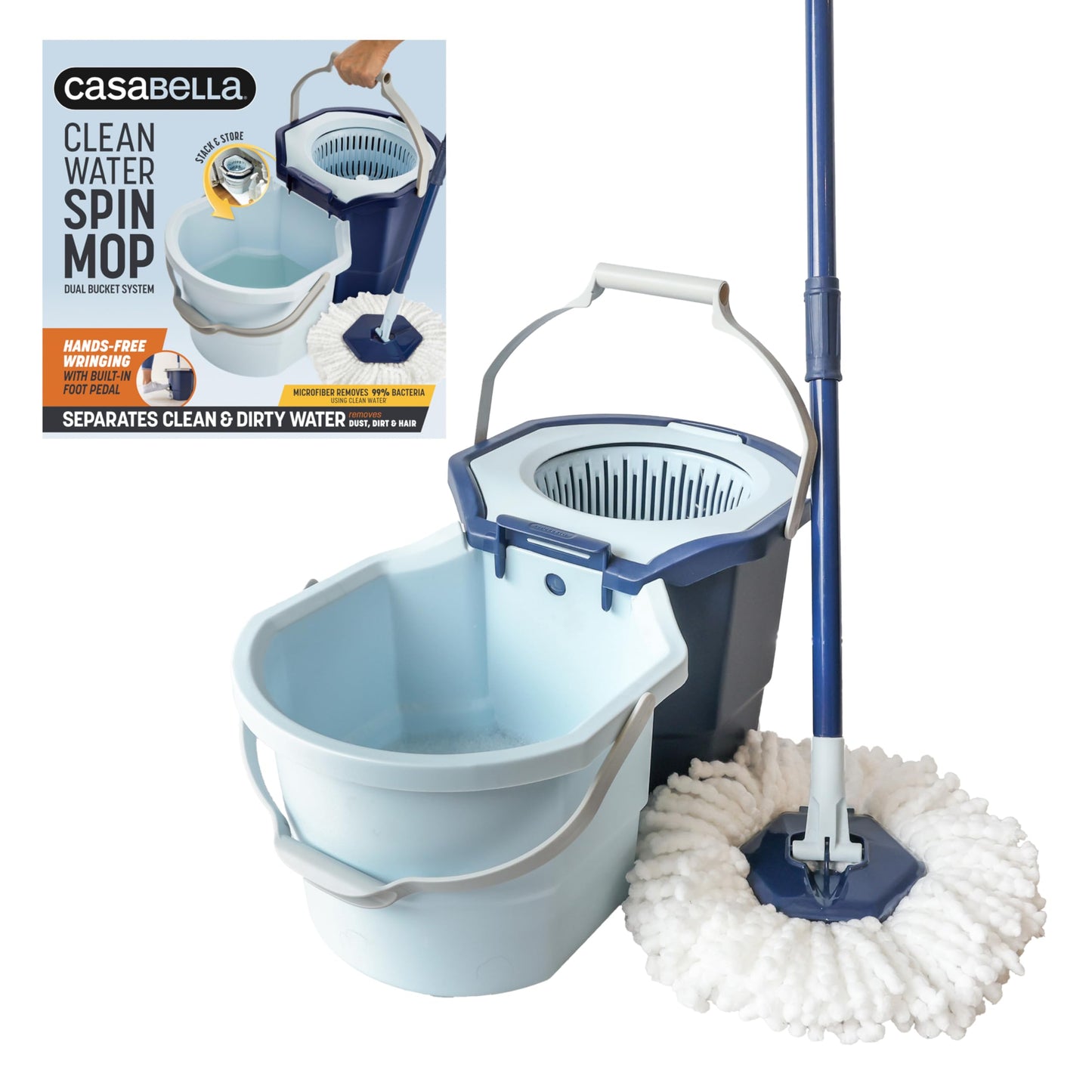 Casabella Clean Water Microfiber Spin Mop with 2-Bucket System, Antibacterial Spin Mop and Mopping Bucket Set, Blue/White
