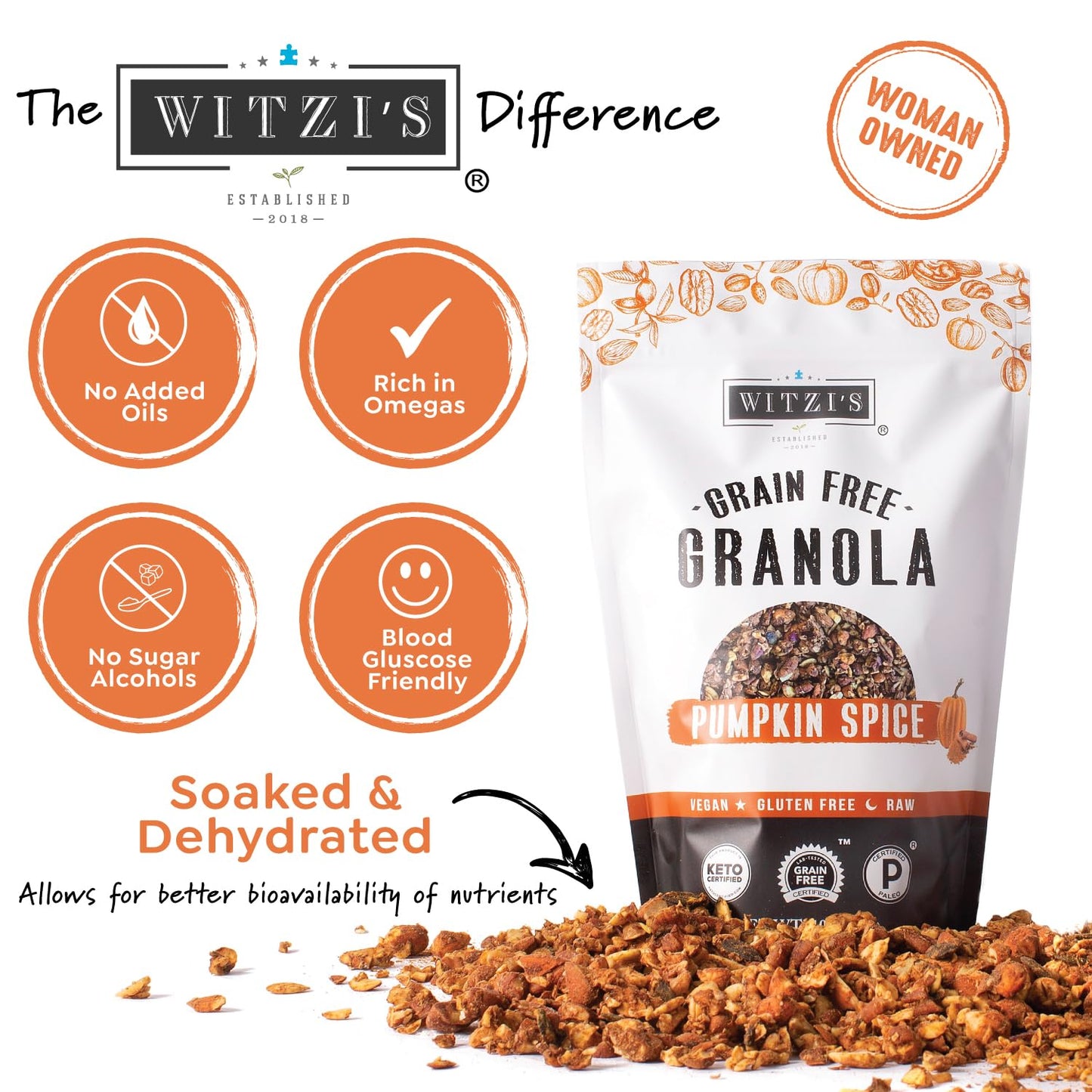 Witzi's Grain Free Granola, Pumpkin Spice, 5oz (Pack of 3), Made with Almonds, Pumpkin & Cinnamon, Vegan, Keto, Gluten Free, Healthy Snack