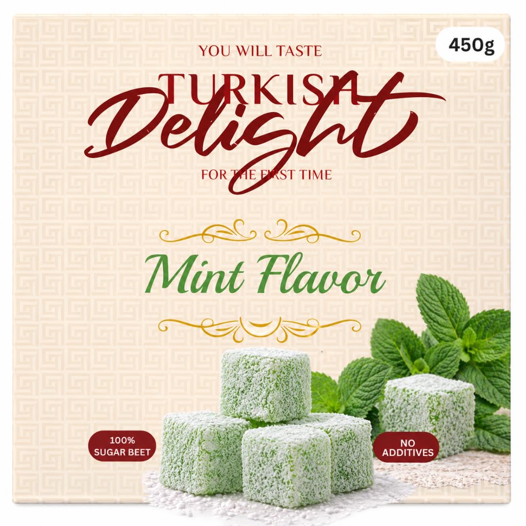 Turkish Delight Mint Flavor 450g (~1lb) - Traditional Lokum Candy with Refreshing Mint Taste - Soft Chewy Gourmet Dessert - No Additives - Made
