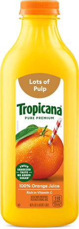 Tropicana Pure Premium 100% Orange Juice Original, Lots of Pulp, No Sugar Added, 46 fl oz