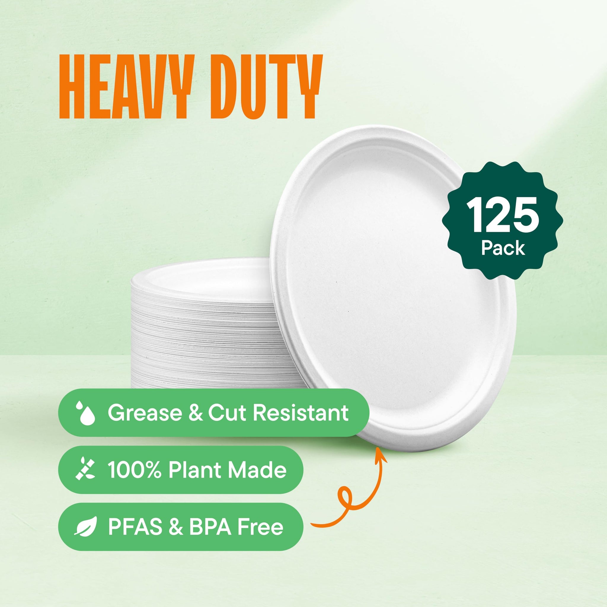 100% Compostable Paper Plates, Heavy Duty Disposable Plates [125-Pack] 9 Inch Plates - Eco-Friendly, Biodegradable Sugarcane Bagasse, Natural White 9"