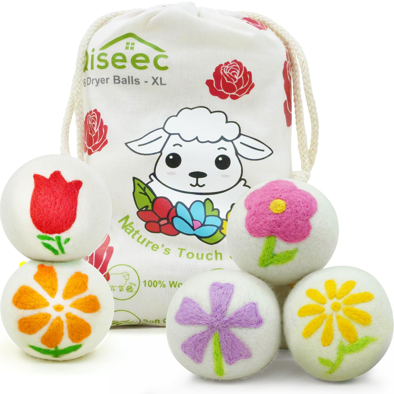 Wool Dryer Balls 6-Pack XL - Unique Petal Embroidery, Natural Reusable Laundry Fabric Softener, Reduces Wrinkles & Drying Time, Hypoallergenic