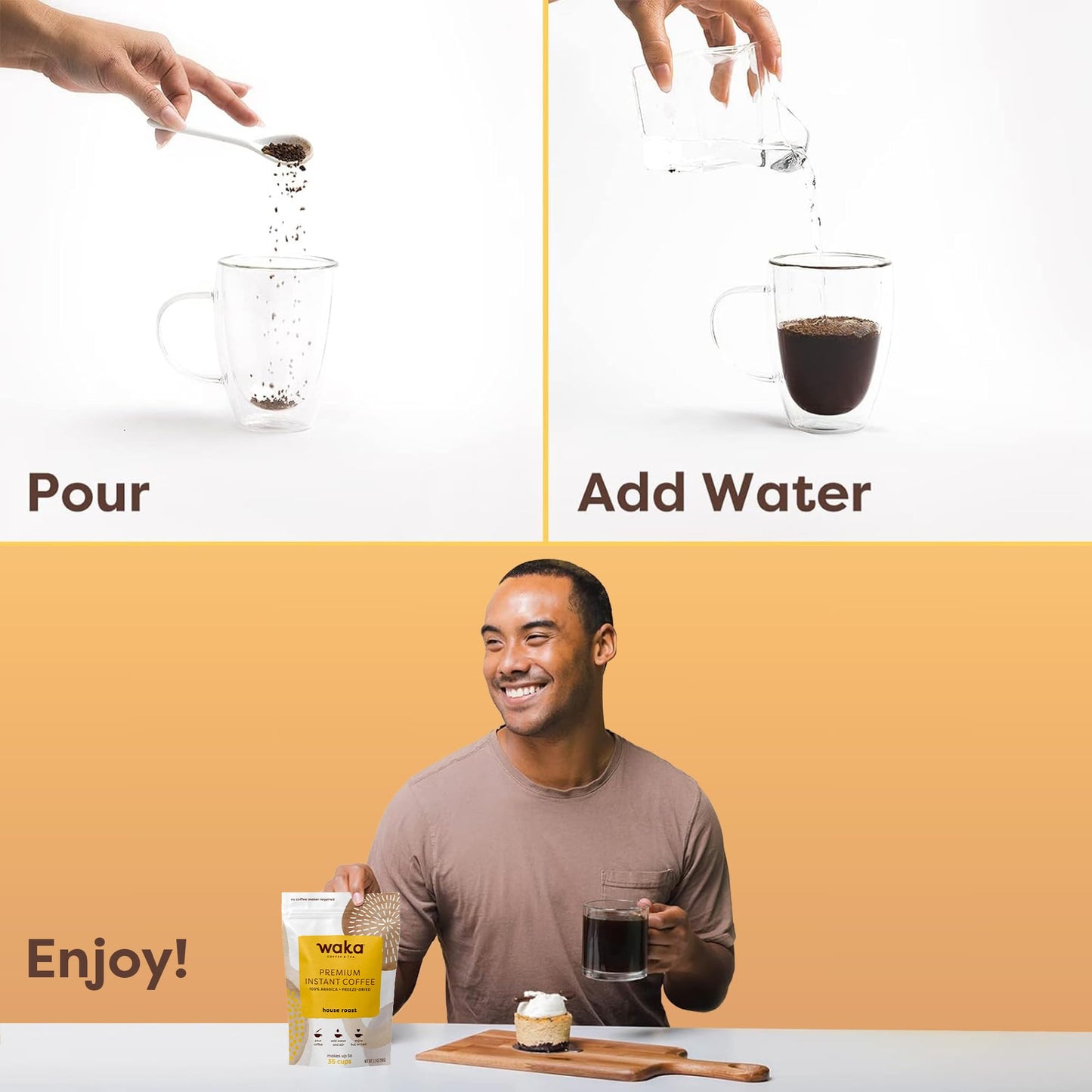 Waka Premium Instant Coffee Pouch - 100% Arabica Freeze Dried Beans - For Hot or Iced Coffee (3.5 Ounces, House Roast)