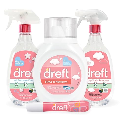 Baby Gifts Set by Dreft, Baby and Mom Gift Set with Liquid Laundry Detergent, Laundry Stain Remover, Stain Remover Pen & All Purpose Cleaner Spray