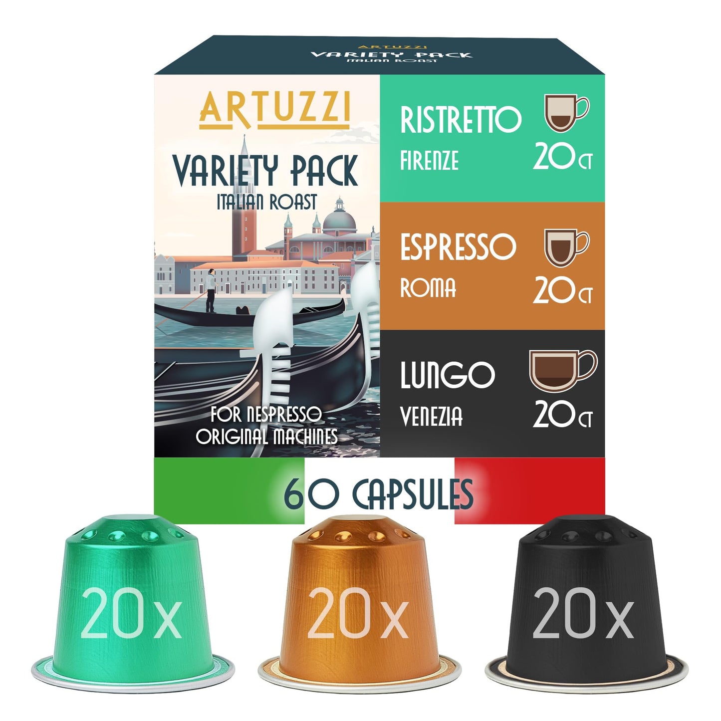 Artuzzi 60ct - Coffee Pods I Compatible with Nespresso Original Machines | Espresso Ristretto Lungo Coffee Capsules | Espresso Variety Pack I Aluminum