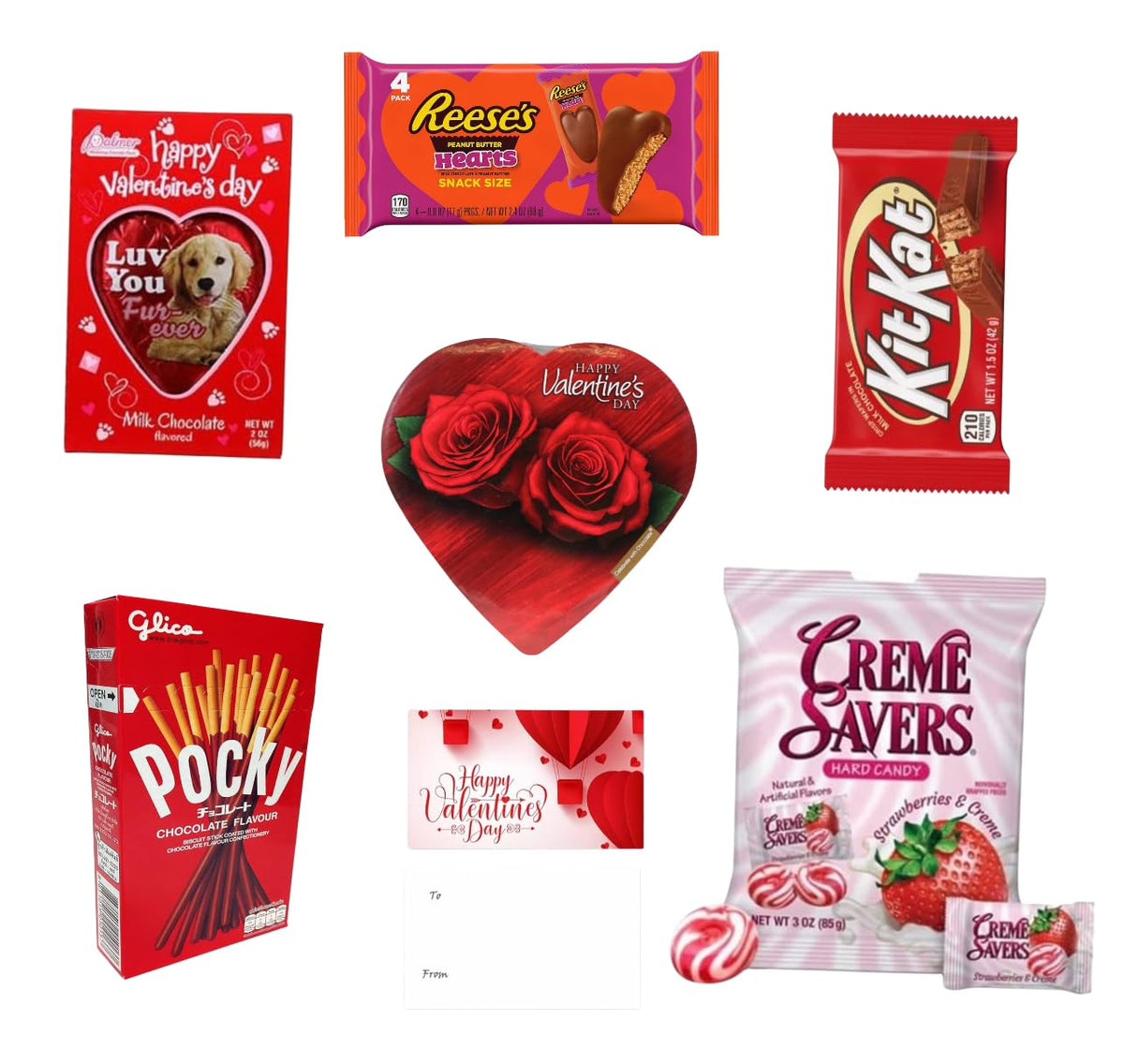 Valentines Day Gift Basket Set | Teddy Bear Plush (RED OR WHITE), Elmer Heart Chocolate, Milk Chocolate Bar, Kit Kat Chocolate Bar, Glico Pocky