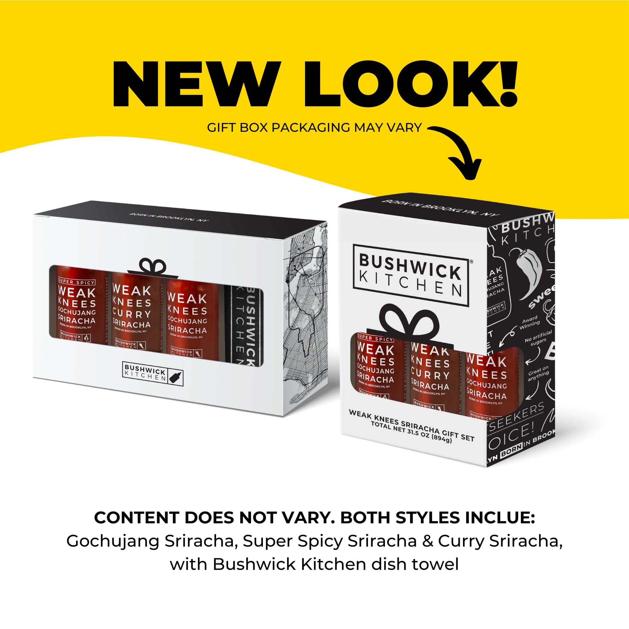 Bushwick Kitchen Sriracha Sampler Gift Box, Set Includes Gochujang Sriracha, Super Spicy Gochujang Sriracha, Curry Sriracha Hot Sauce, 5 Recipes
