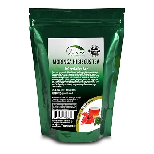 Zokiva Nutritionals - Moringa Hibiscus Tea 100 Bags With Premium Organic Moringa - Nutritious, Tasty and Naturally Caffeine-Free - In Resealable Zip