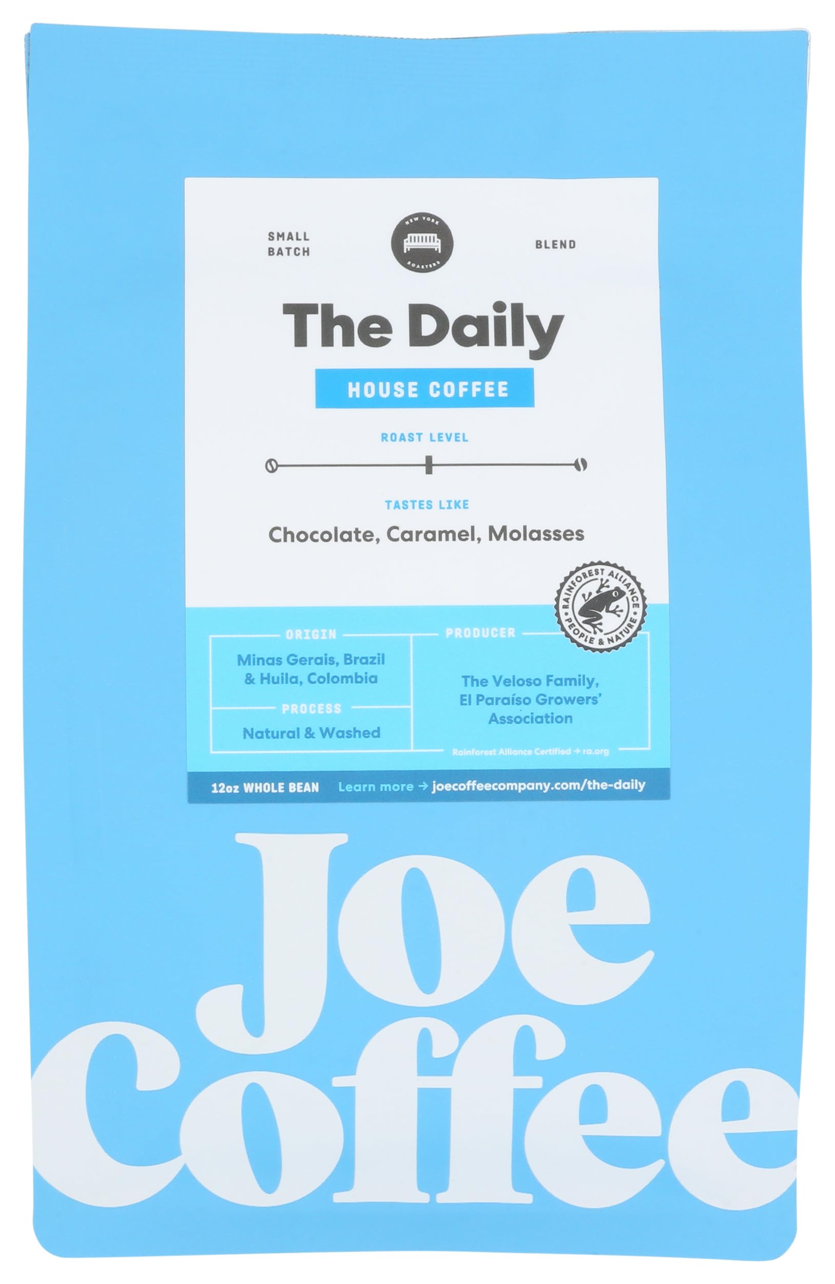 Joe Coffee Company - The Daily Whole Bean Specialty Coffee, 12 oz Bag | NYC Roaster, Rainforest Alliance Certified, Kosher, Climate-Friendly,