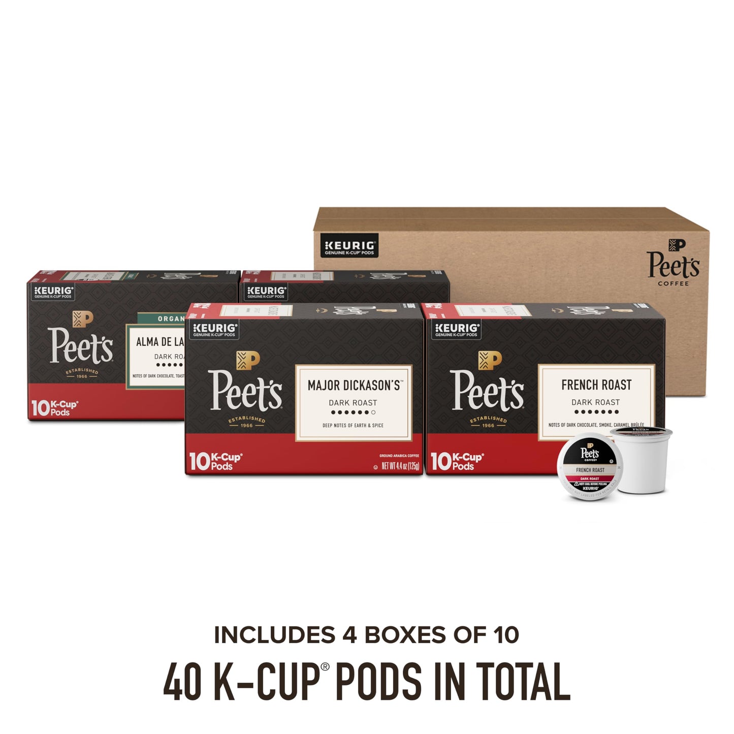 Peet's Coffee, Keurig K-Cup Pods Dark Roast Variety Pack, 100% Arabica Coffee - Major Dickason's Blend, French Roast, Organic Alma De La Tierra, House