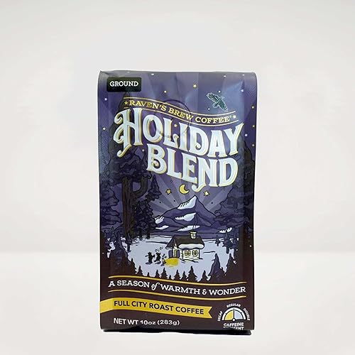 Raven's Brew Coffee Holiday Blend Ground Coffee - Premium 10oz Full City Roast with Molasses, Spices & Baker's Chocolate Notes | Seasonal Celebration
