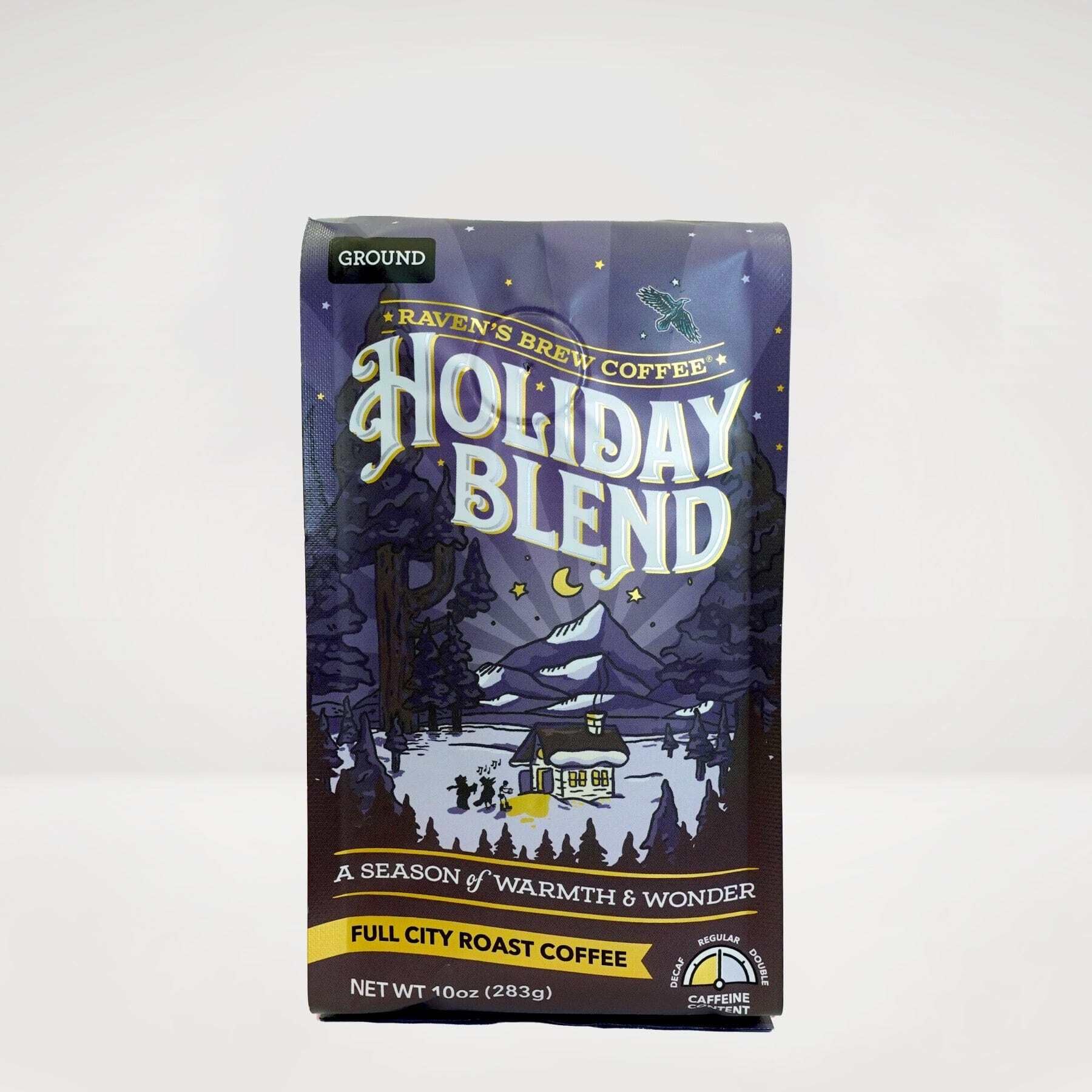 Raven's Brew Coffee Holiday Blend Ground Coffee - Premium 10oz Full City Roast with Molasses, Spices & Baker's Chocolate Notes | Seasonal Celebration