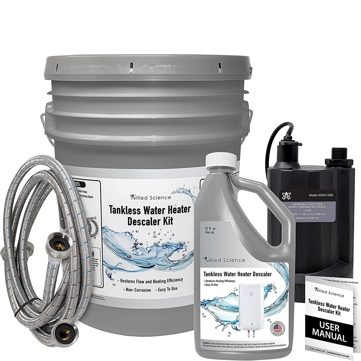 Allied Science Tankless Water Heater Flush Kit with Quart Liquid Descaling Solution and 1/6HP Extra Strength Pump