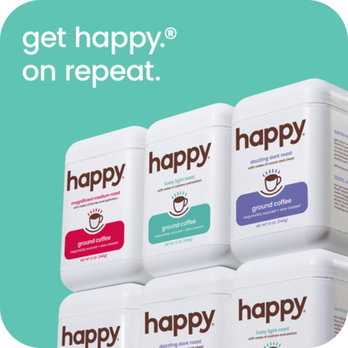 happy coffee light roast ground coffee, 12 oz., notes of cashew & elation, recyclable container, grown & harvested in Colombia, Brazil & Guatemala