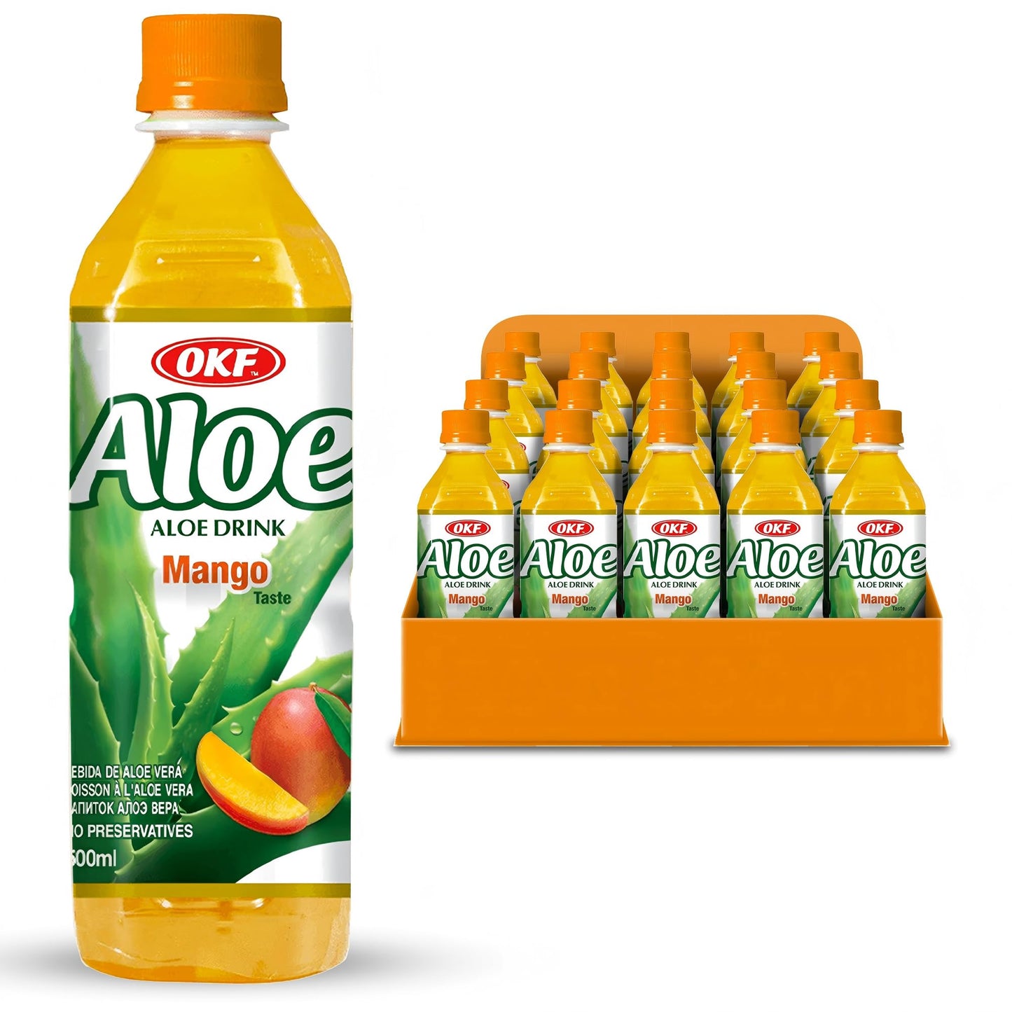 OKF Aloe Vera Drink Juice with Pure Aloe Pulp, Variety, 16.9 oz. (Mango, Pack of 20), Plant Based Drink, Korean drinks