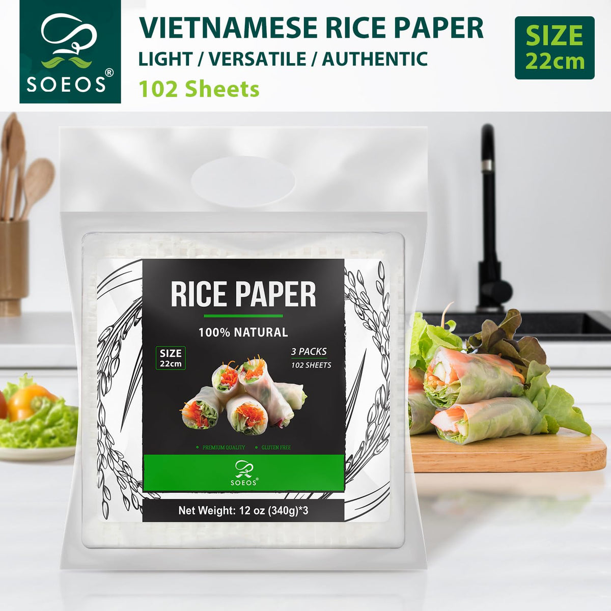 Soeos Rice Paper, 3 Pack, 102 Sheets, Square, 22cm
