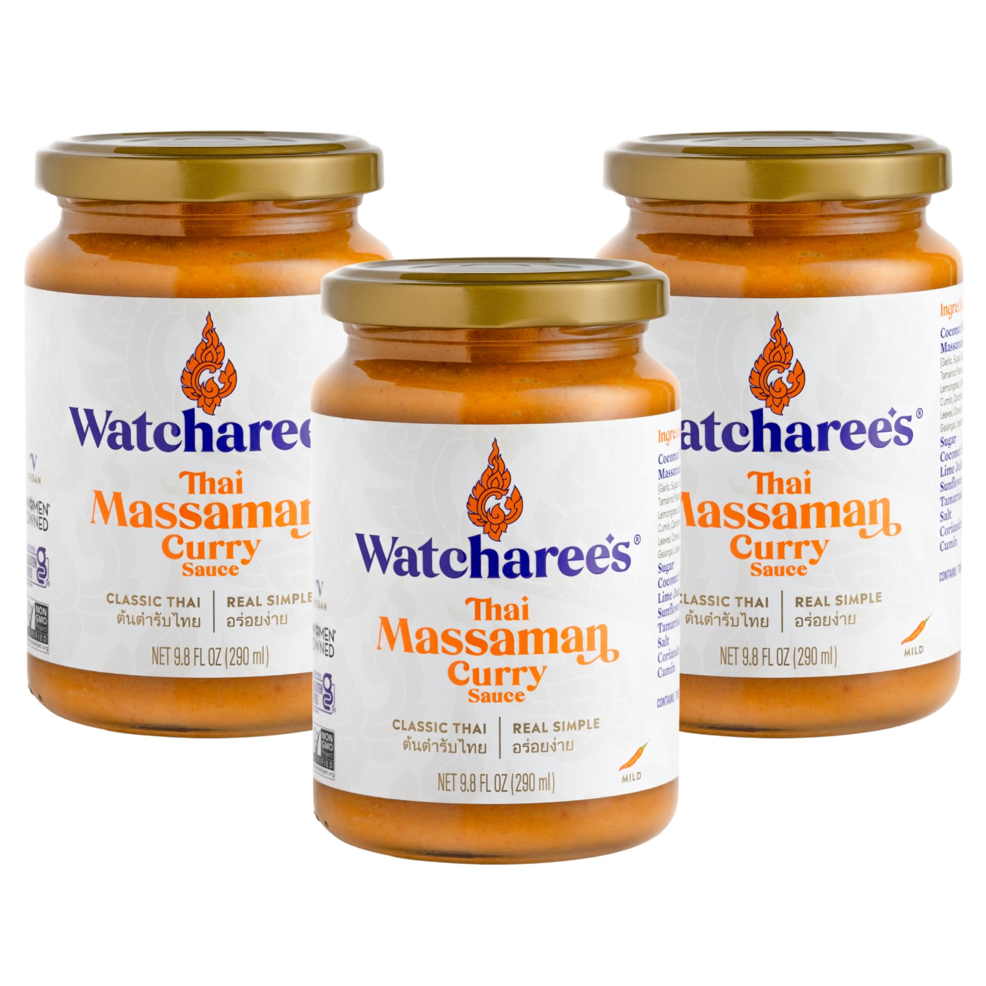 Watcharee's Thai Curry Simmer Sauces - Massaman Curry | Authentic Thai Recipe, Vegan, Non-GMO, Gluten-Free - 3 Pack (9.8 fl oz Each)