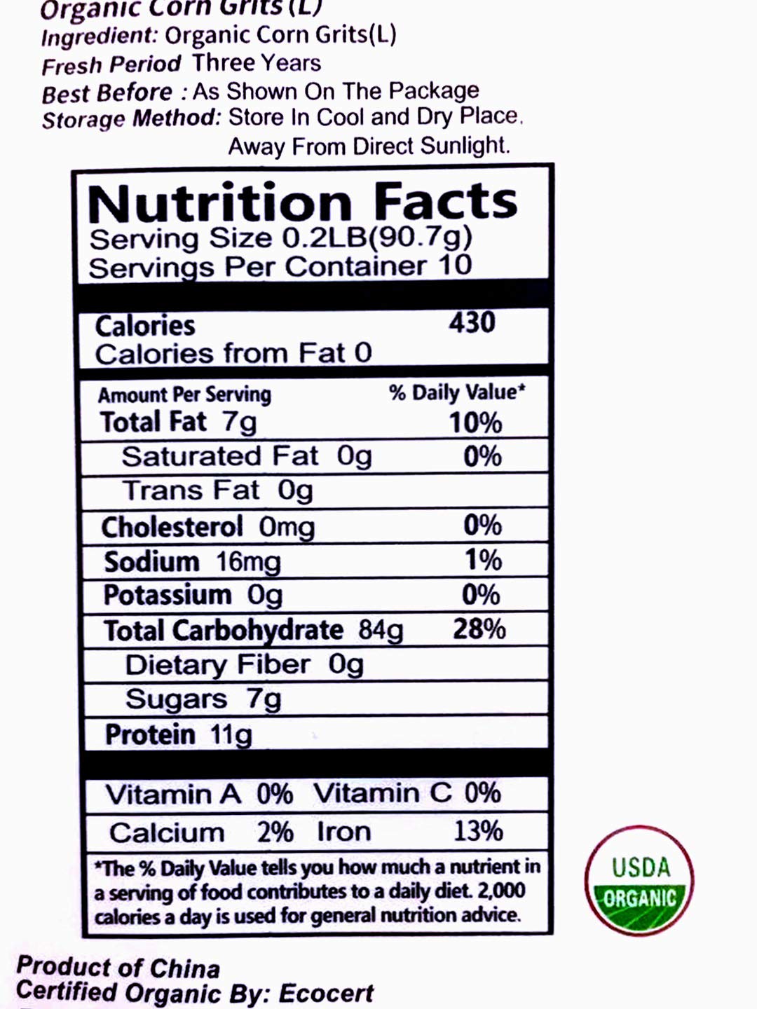 USDA Organic Grains (Corn Grits, 2 Pounds)